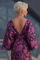 Load image into Gallery viewer, Floral Fuchsia Sheath Long Ruched Mother of the Bride Dress with Sleeves