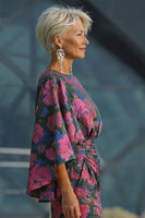 Load image into Gallery viewer, Floral Fuchsia Sheath Long Ruched Mother of the Bride Dress with Sleeves