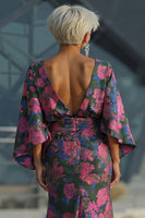 Load image into Gallery viewer, Floral Fuchsia Sheath Long Ruched Mother of the Bride Dress with Sleeves