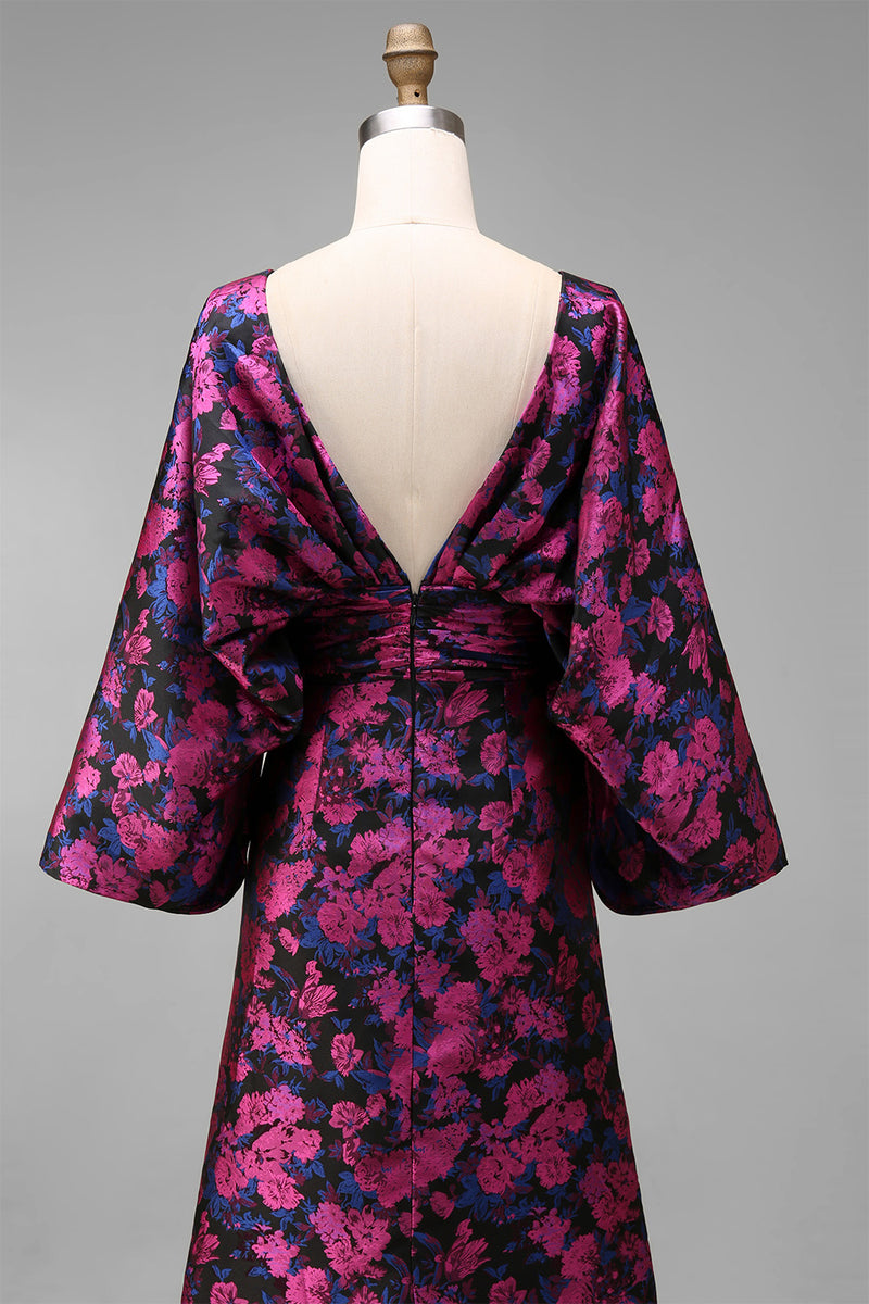 Load image into Gallery viewer, Floral Fuchsia Sheath Long Ruched Mother of the Bride Dress with Sleeves