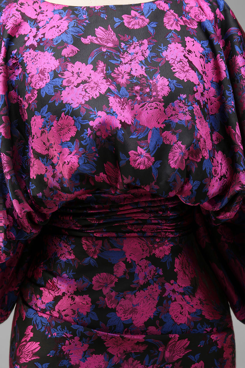 Load image into Gallery viewer, Floral Fuchsia Sheath Long Ruched Mother of the Bride Dress with Sleeves