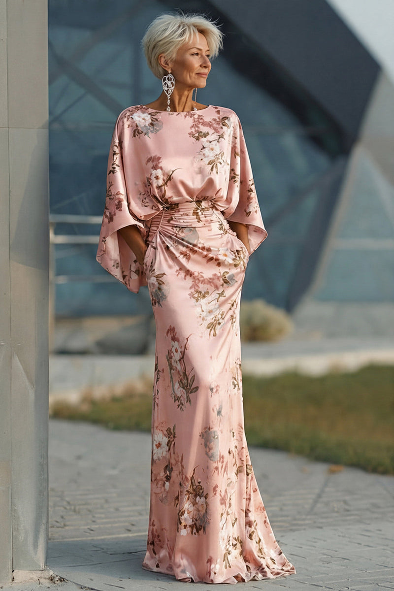 Load image into Gallery viewer, Floral Dusty Rose Satin Ruched Boat Neck Long Mother of the Bride Dress with Pockets