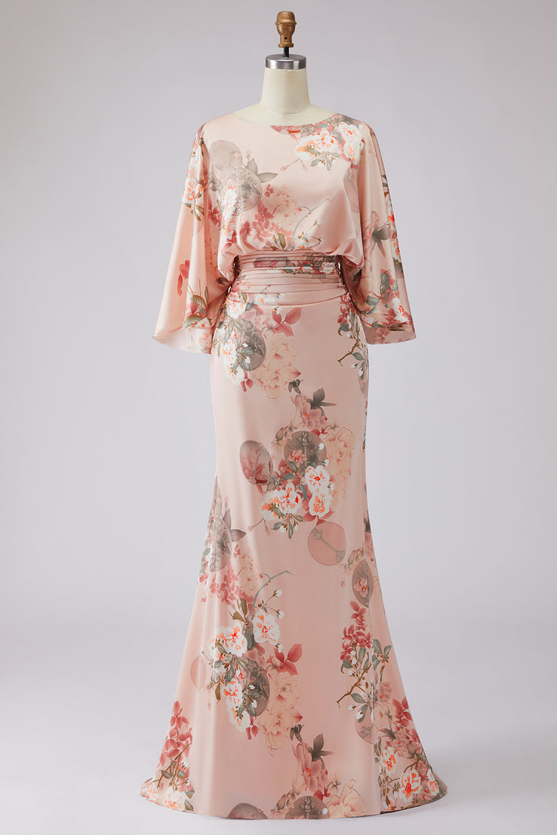 Load image into Gallery viewer, Floral Dusty Rose Satin Ruched Boat Neck Long Mother of the Bride Dress with Pockets