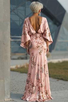 Floral Dusty Rose Satin Ruched Boat Neck Long Mother of the Bride Dress with Pockets