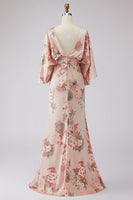 Load image into Gallery viewer, Floral Dusty Rose Satin Ruched Boat Neck Long Mother of the Bride Dress with Pockets