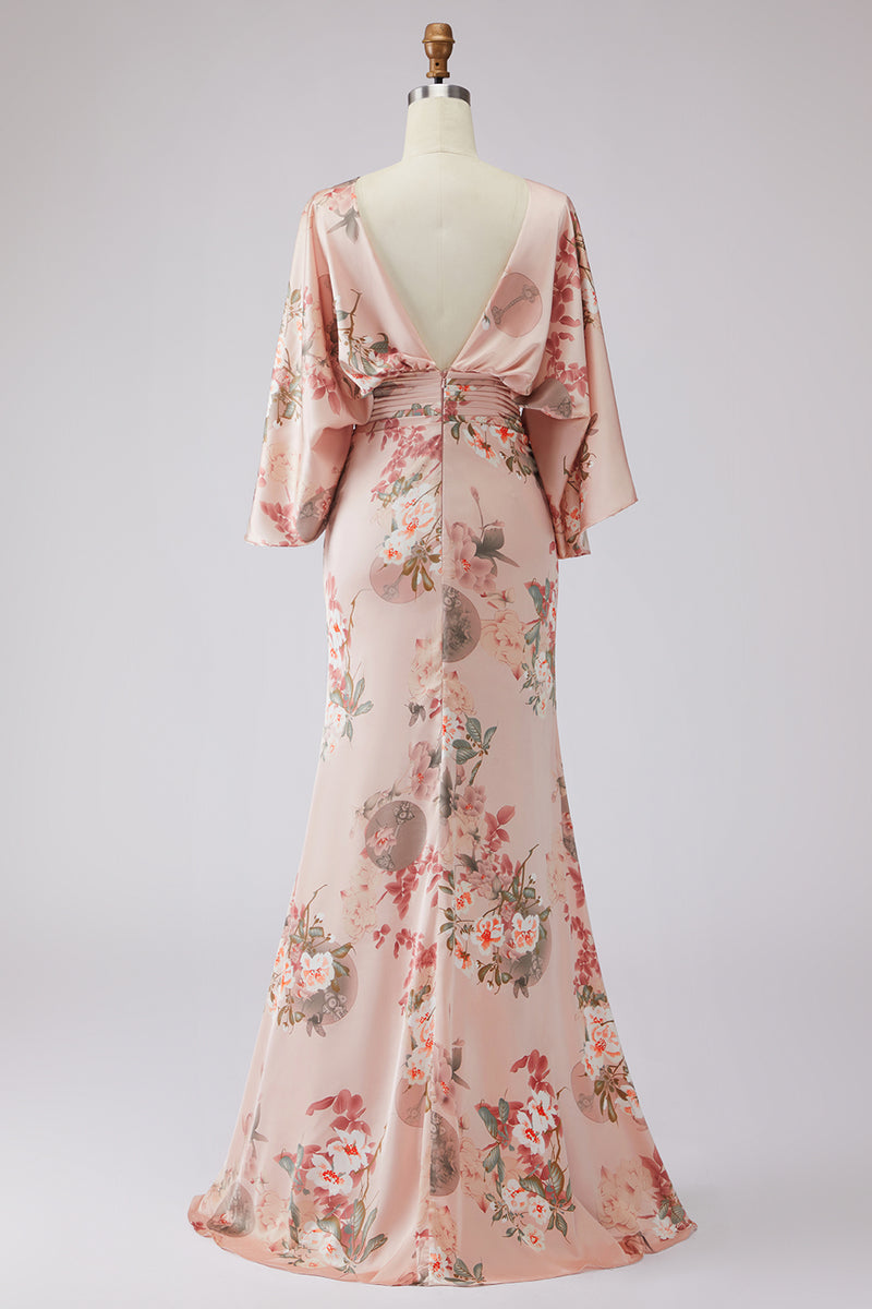 Load image into Gallery viewer, Floral Dusty Rose Satin Ruched Boat Neck Long Mother of the Bride Dress with Pockets