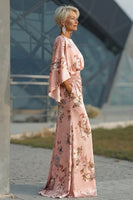 Load image into Gallery viewer, Floral Dusty Rose Satin Ruched Boat Neck Long Mother of the Bride Dress with Pockets