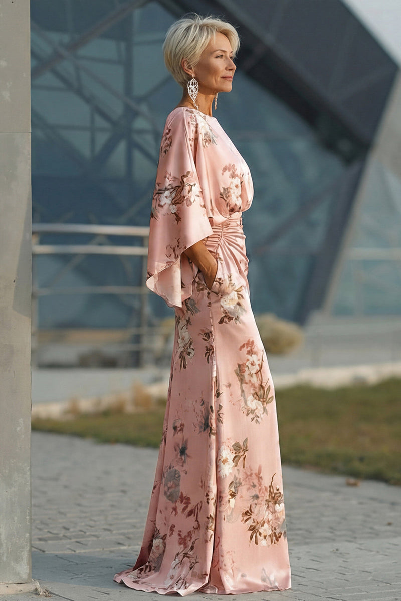 Load image into Gallery viewer, Floral Dusty Rose Satin Ruched Boat Neck Long Mother of the Bride Dress with Pockets
