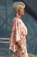 Load image into Gallery viewer, Floral Dusty Rose Satin Ruched Boat Neck Long Mother of the Bride Dress with Pockets