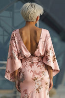 Load image into Gallery viewer, Floral Dusty Rose Satin Ruched Boat Neck Long Mother of the Bride Dress with Pockets
