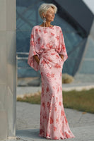 Load image into Gallery viewer, Floral Dusty Rose Boat Neck Sheath Chiffon Long Mother of the Bride Dress with Pockets