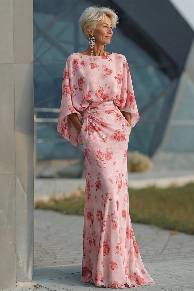 Load image into Gallery viewer, Floral Dusty Rose Boat Neck Sheath Chiffon Long Mother of the Bride Dress with Pockets