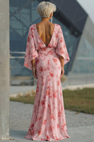 Load image into Gallery viewer, Floral Dusty Rose Boat Neck Sheath Chiffon Long Mother of the Bride Dress with Pockets