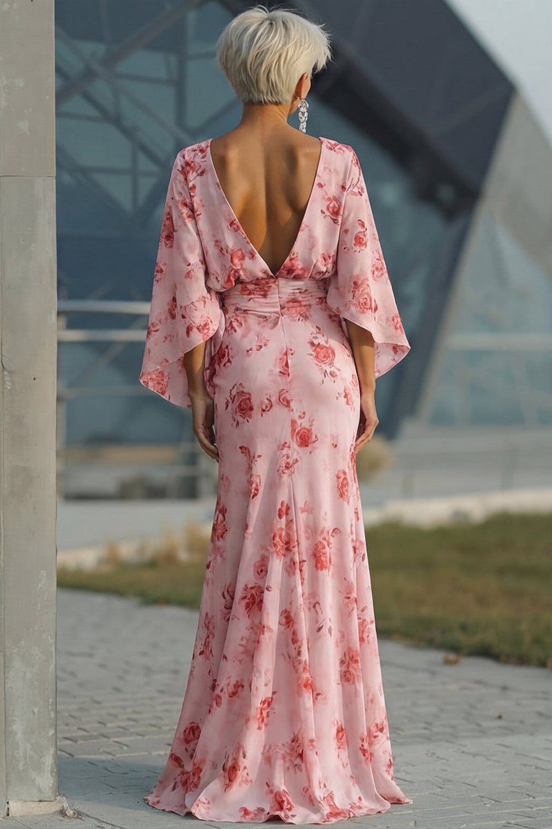 Load image into Gallery viewer, Floral Dusty Rose Boat Neck Sheath Chiffon Long Mother of the Bride Dress with Pockets