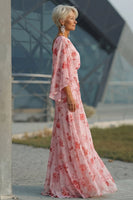 Load image into Gallery viewer, Floral Dusty Rose Boat Neck Sheath Chiffon Long Mother of the Bride Dress with Pockets