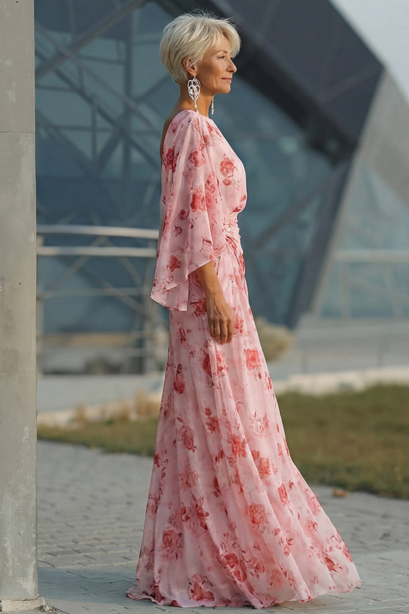 Load image into Gallery viewer, Floral Dusty Rose Boat Neck Sheath Chiffon Long Mother of the Bride Dress with Pockets