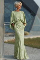 Load image into Gallery viewer, Floral Sage Green Sheath Boat Neck Long Mother of the Bride Dress with Sleeves