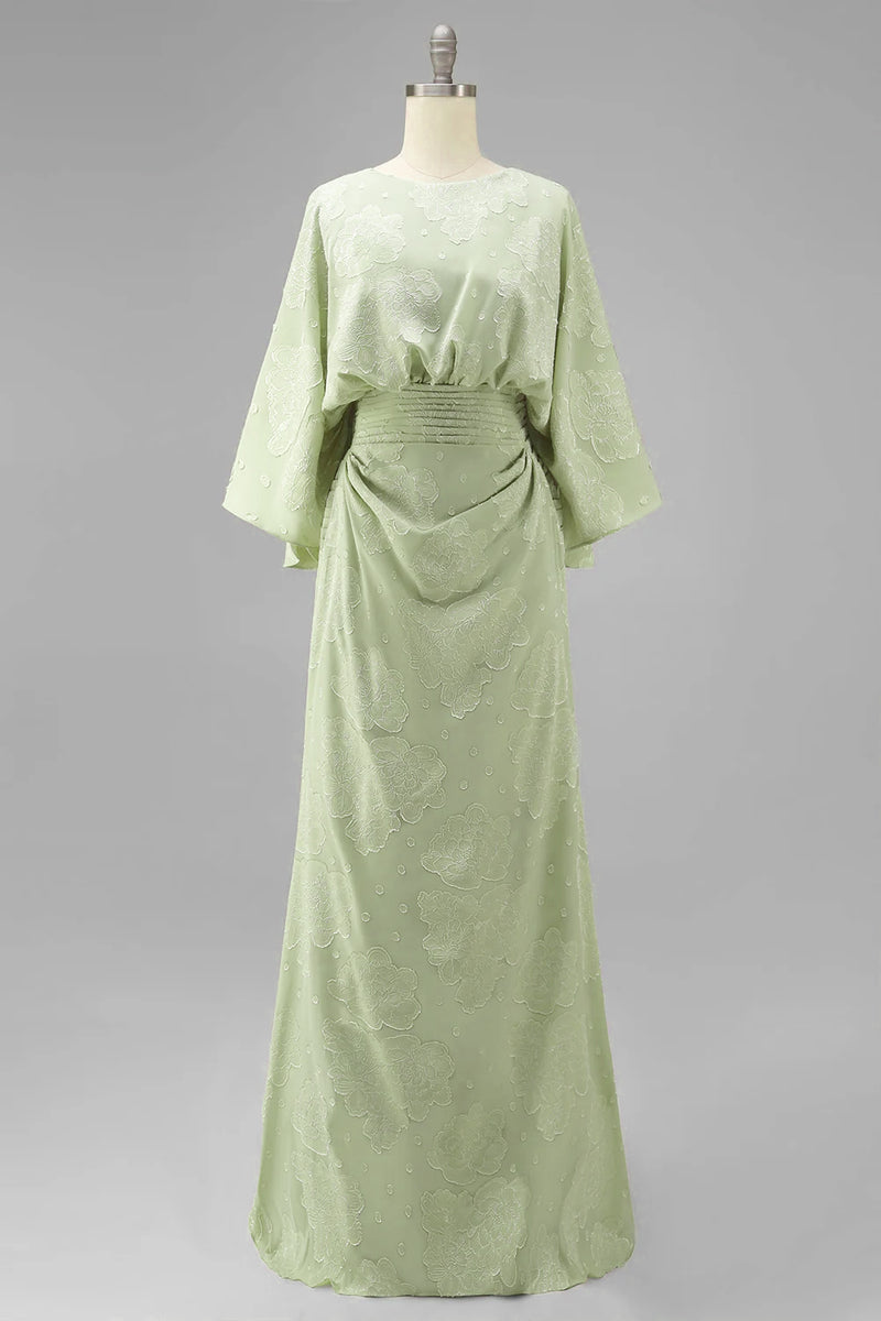 Load image into Gallery viewer, Floral Sage Green Sheath Boat Neck Long Mother of the Bride Dress with Sleeves