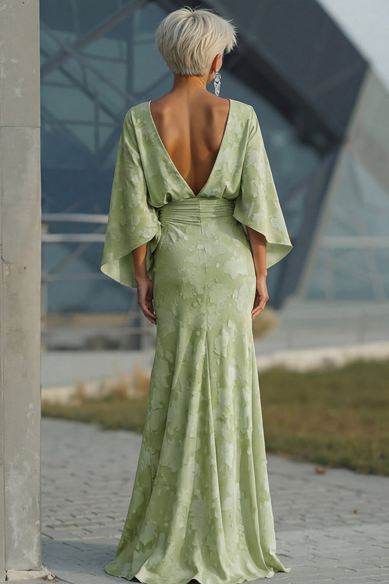 Load image into Gallery viewer, Floral Sage Green Sheath Boat Neck Long Mother of the Bride Dress with Sleeves