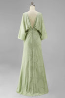 Load image into Gallery viewer, Floral Sage Green Sheath Boat Neck Long Mother of the Bride Dress with Sleeves