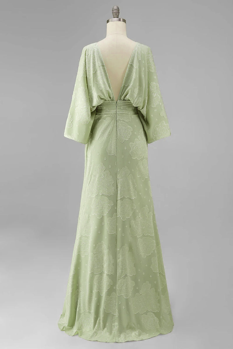 Load image into Gallery viewer, Floral Sage Green Sheath Boat Neck Long Mother of the Bride Dress with Sleeves