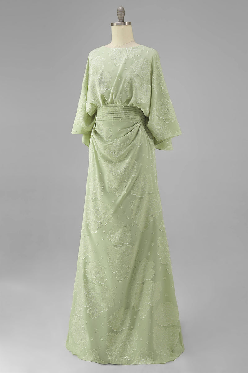 Load image into Gallery viewer, Floral Sage Green Sheath Boat Neck Long Mother of the Bride Dress with Sleeves