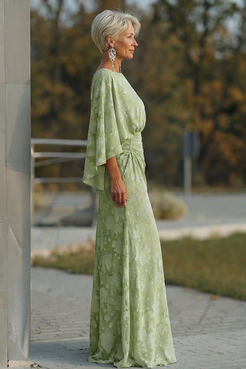 Load image into Gallery viewer, Floral Sage Green Sheath Boat Neck Long Mother of the Bride Dress with Sleeves