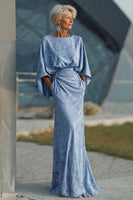 Load image into Gallery viewer, Floral Dusty Blue Boat Neck Pockets Sheath Long Mother of the Bride Dress with Sleeves