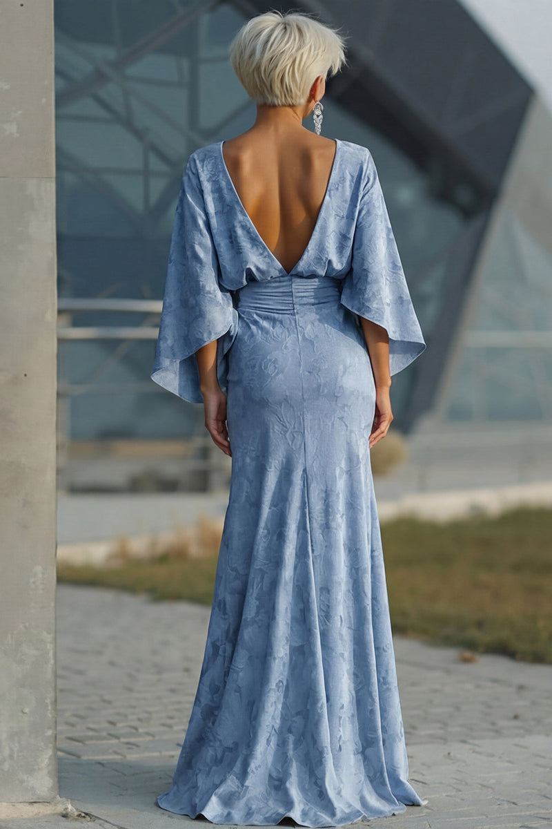 Load image into Gallery viewer, Floral Dusty Blue Boat Neck Pockets Sheath Long Mother of the Bride Dress with Sleeves