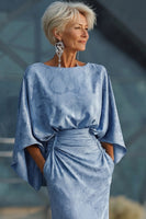 Load image into Gallery viewer, Floral Dusty Blue Boat Neck Pockets Sheath Long Mother of the Bride Dress with Sleeves