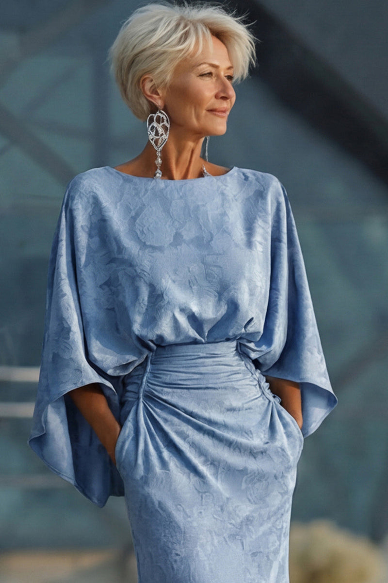Load image into Gallery viewer, Floral Dusty Blue Boat Neck Pockets Sheath Long Mother of the Bride Dress with Sleeves