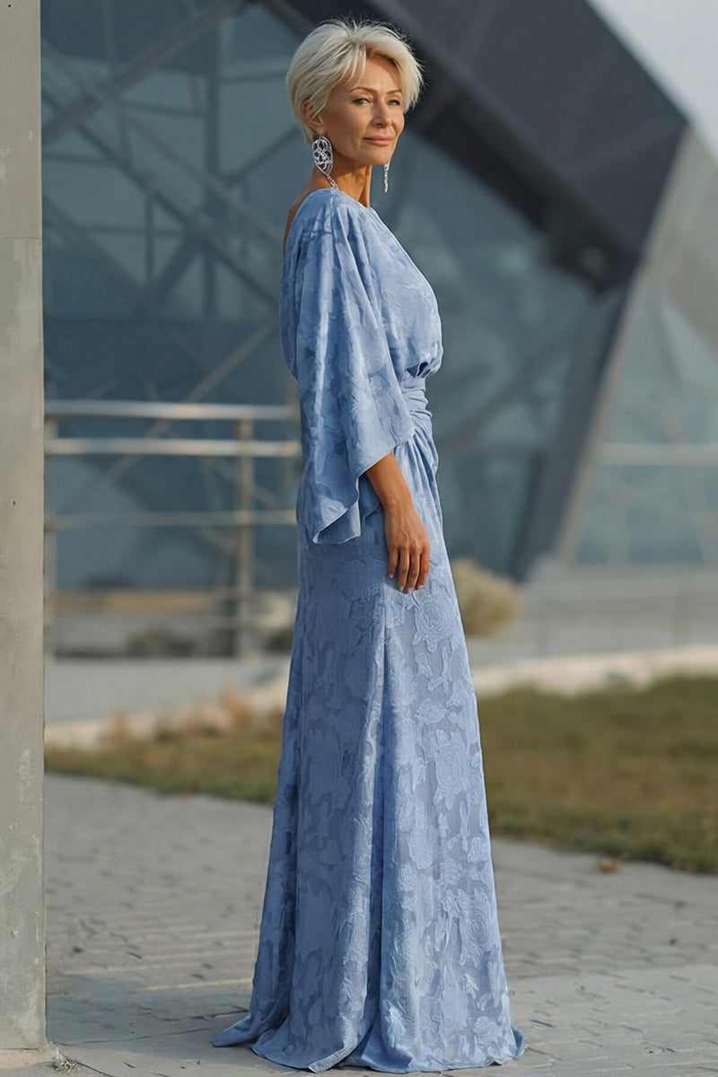 Load image into Gallery viewer, Floral Dusty Blue Boat Neck Pockets Sheath Long Mother of the Bride Dress with Sleeves