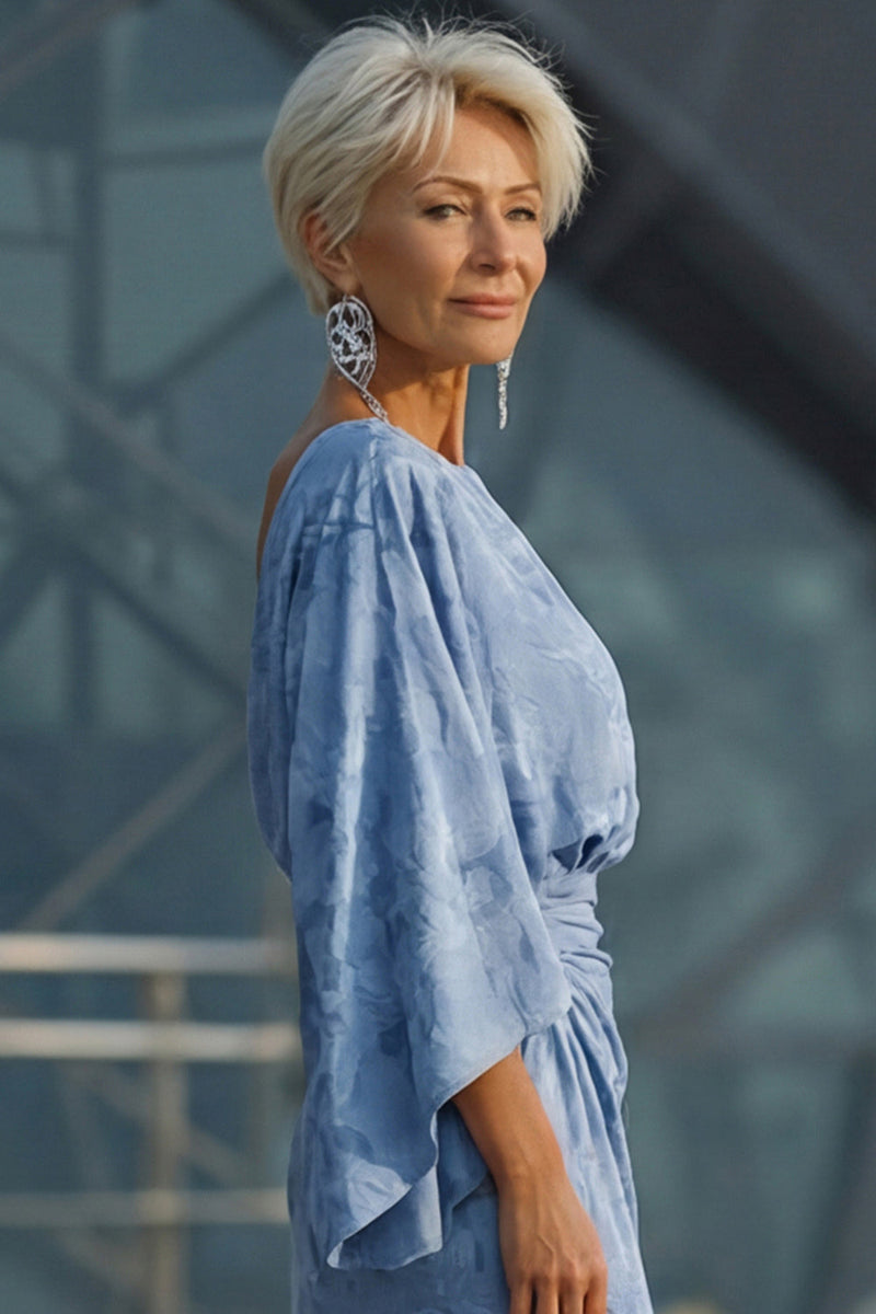 Load image into Gallery viewer, Floral Dusty Blue Boat Neck Pockets Sheath Long Mother of the Bride Dress with Sleeves