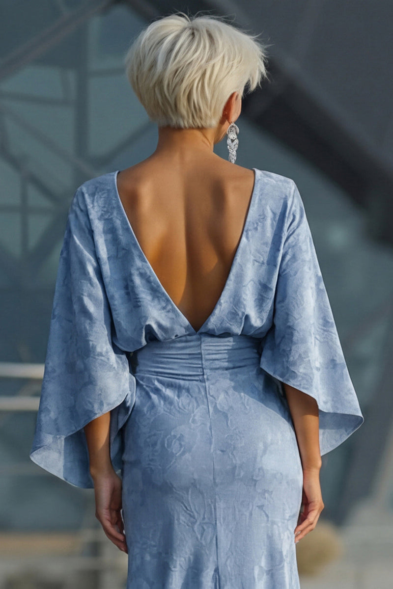 Load image into Gallery viewer, Floral Dusty Blue Boat Neck Pockets Sheath Long Mother of the Bride Dress with Sleeves