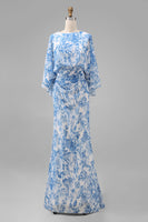 Load image into Gallery viewer, Floral White Blue Boat Neck Sheath Long Mother of the Bride Dress with Pockets