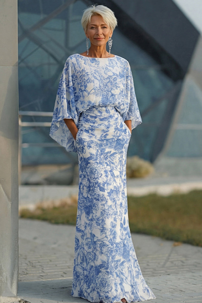 Load image into Gallery viewer, Floral White Blue Boat Neck Sheath Long Mother of the Bride Dress with Pockets