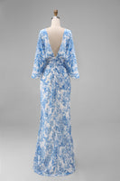 Load image into Gallery viewer, Floral White Blue Boat Neck Sheath Long Mother of the Bride Dress with Pockets