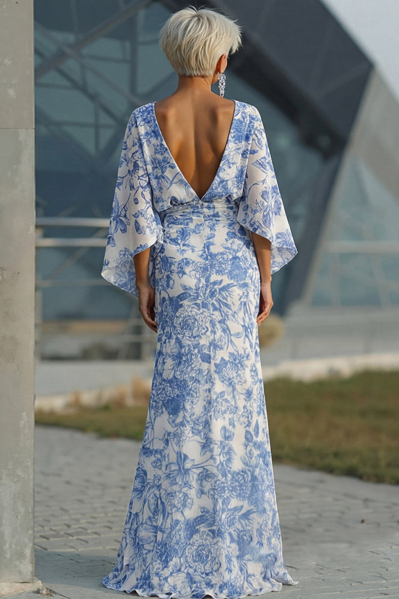 Load image into Gallery viewer, Floral White Blue Boat Neck Sheath Long Mother of the Bride Dress with Pockets
