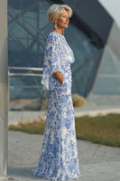 Load image into Gallery viewer, Floral White Blue Boat Neck Sheath Long Mother of the Bride Dress with Pockets