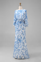 Load image into Gallery viewer, Floral White Blue Boat Neck Sheath Long Mother of the Bride Dress with Pockets