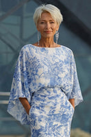 Load image into Gallery viewer, Floral White Blue Boat Neck Sheath Long Mother of the Bride Dress with Pockets