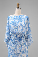 Load image into Gallery viewer, Floral White Blue Boat Neck Sheath Long Mother of the Bride Dress with Pockets