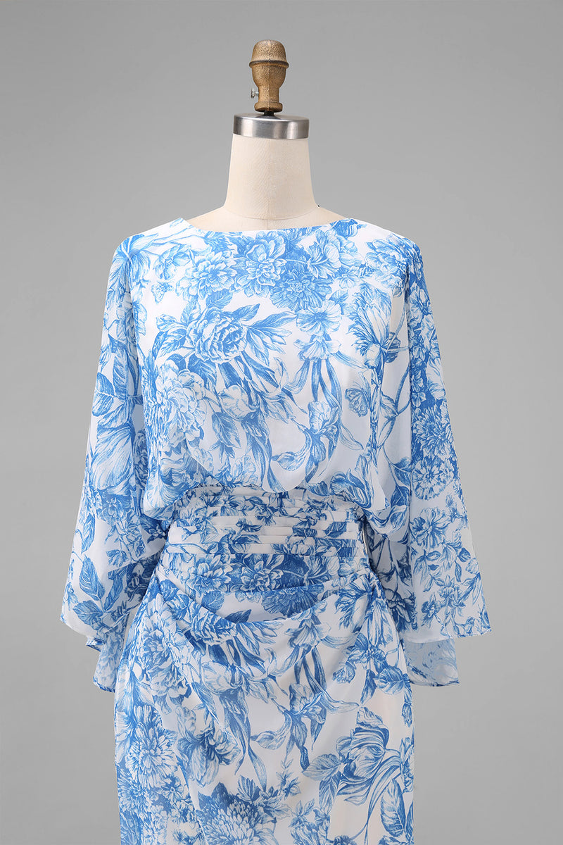 Load image into Gallery viewer, Floral White Blue Boat Neck Sheath Long Mother of the Bride Dress with Pockets