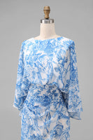 Load image into Gallery viewer, Floral White Blue Boat Neck Sheath Long Mother of the Bride Dress with Pockets
