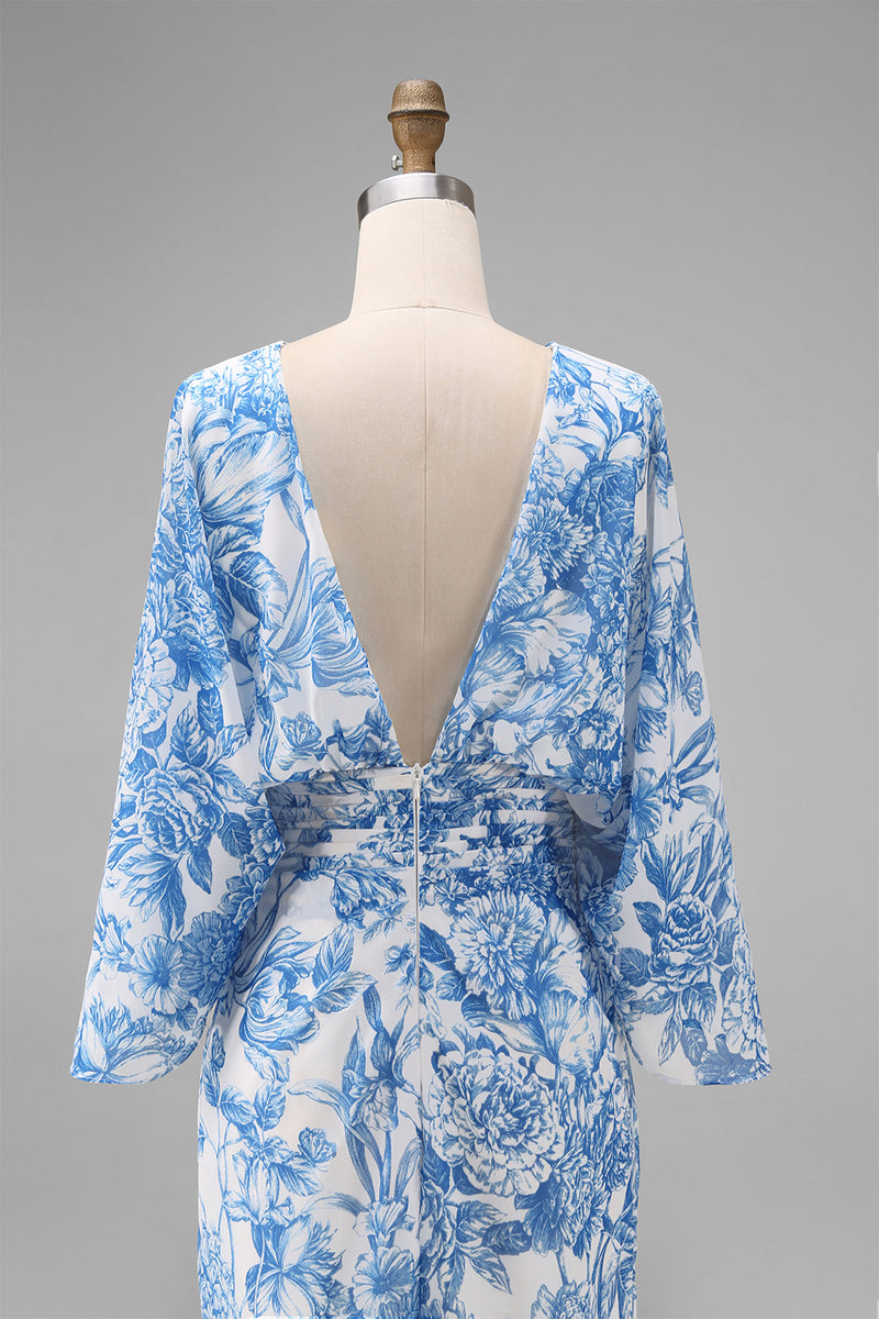 Load image into Gallery viewer, Floral White Blue Boat Neck Sheath Long Mother of the Bride Dress with Pockets