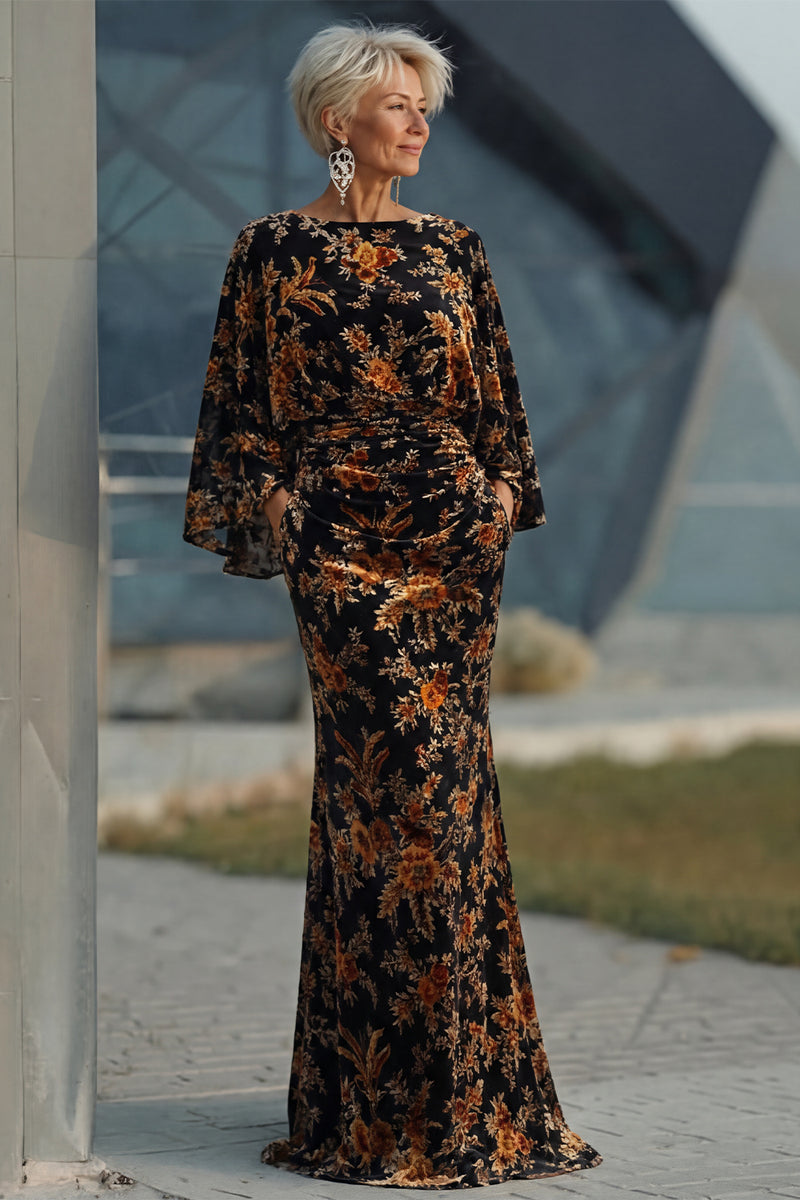 Load image into Gallery viewer, Floral Brown Boat Neck Sheath Long Mother of the Bride Dress with Pockets