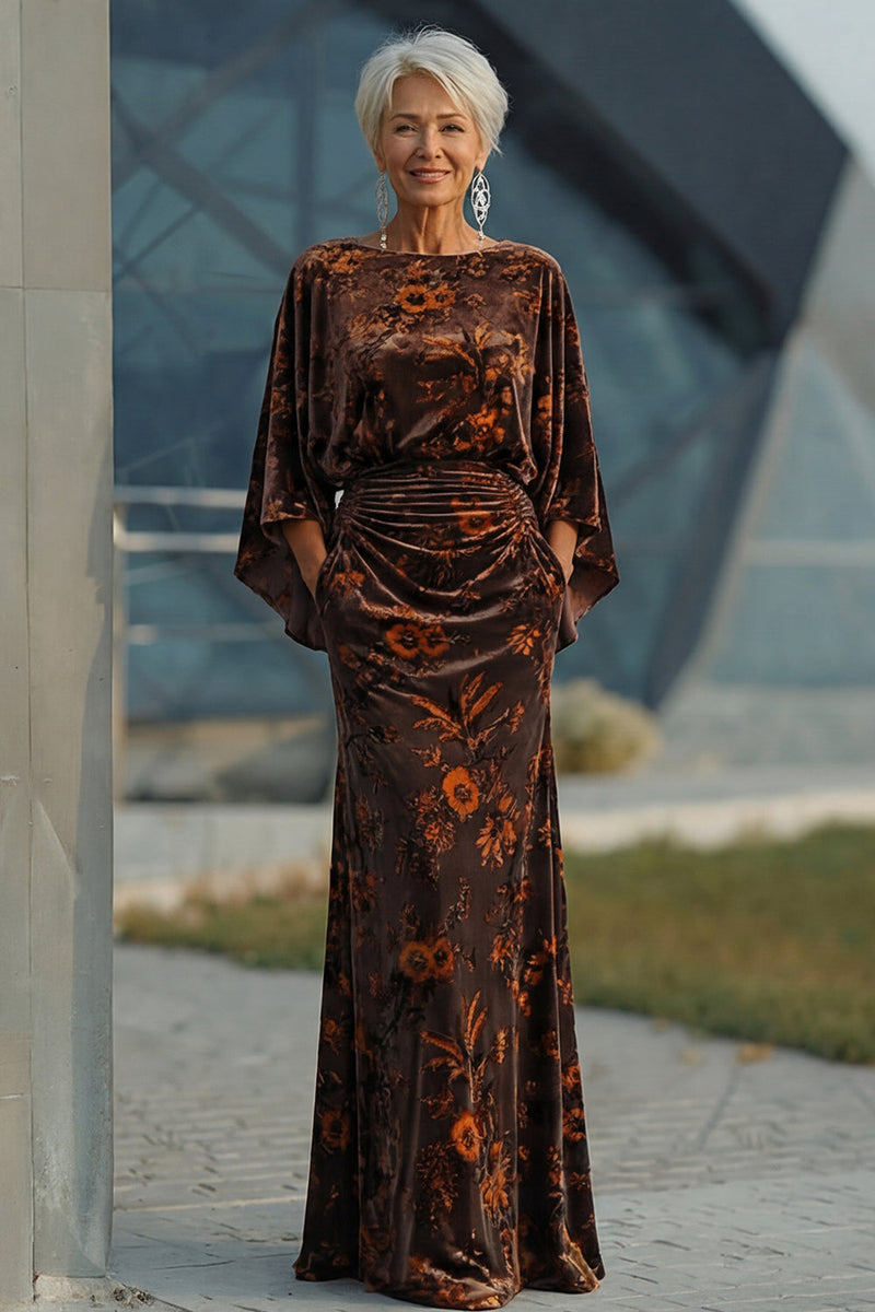 Load image into Gallery viewer, Floral Brown Boat Neck Sheath Long Mother of the Bride Dress with Pockets