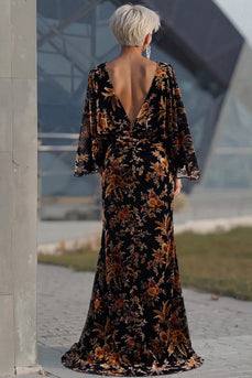 Floral Brown Boat Neck Sheath Long Mother of the Bride Dress with Pockets