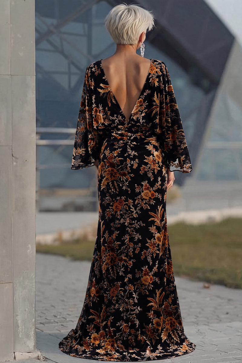 Load image into Gallery viewer, Floral Brown Boat Neck Sheath Long Mother of the Bride Dress with Pockets