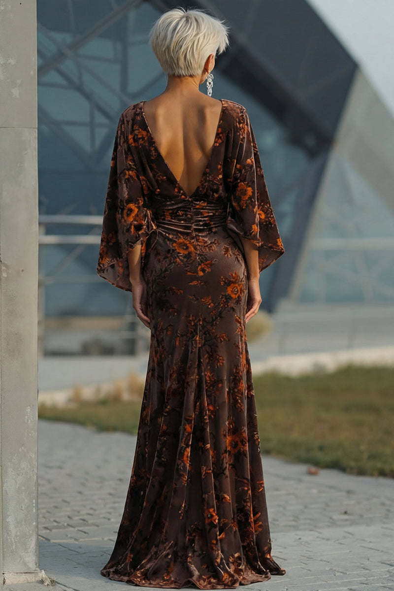 Load image into Gallery viewer, Floral Brown Boat Neck Sheath Long Mother of the Bride Dress with Pockets